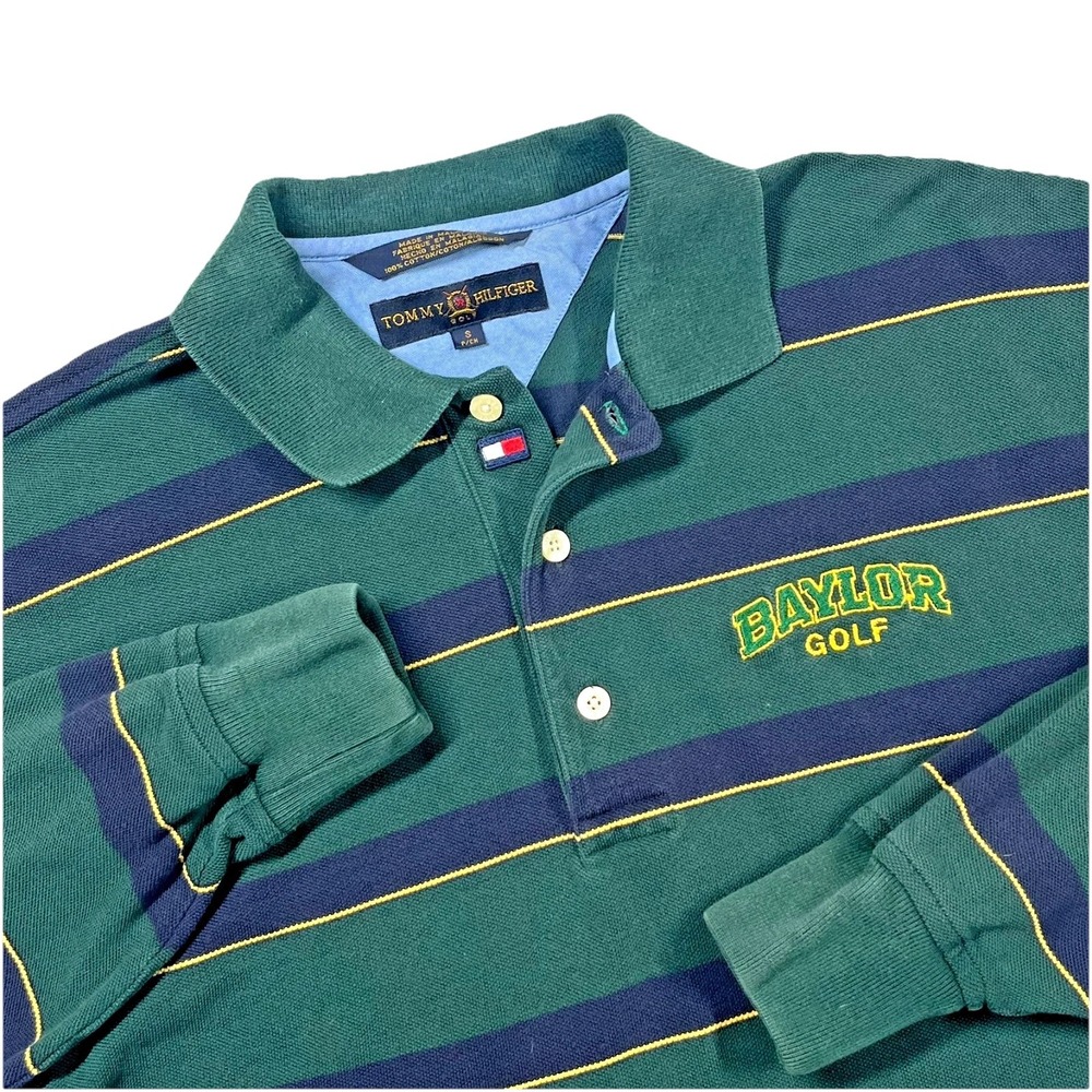 Tommy Hilfiger Golf Polo Mens Small Green Baylor Golf Long Sleeve Striped Shirt